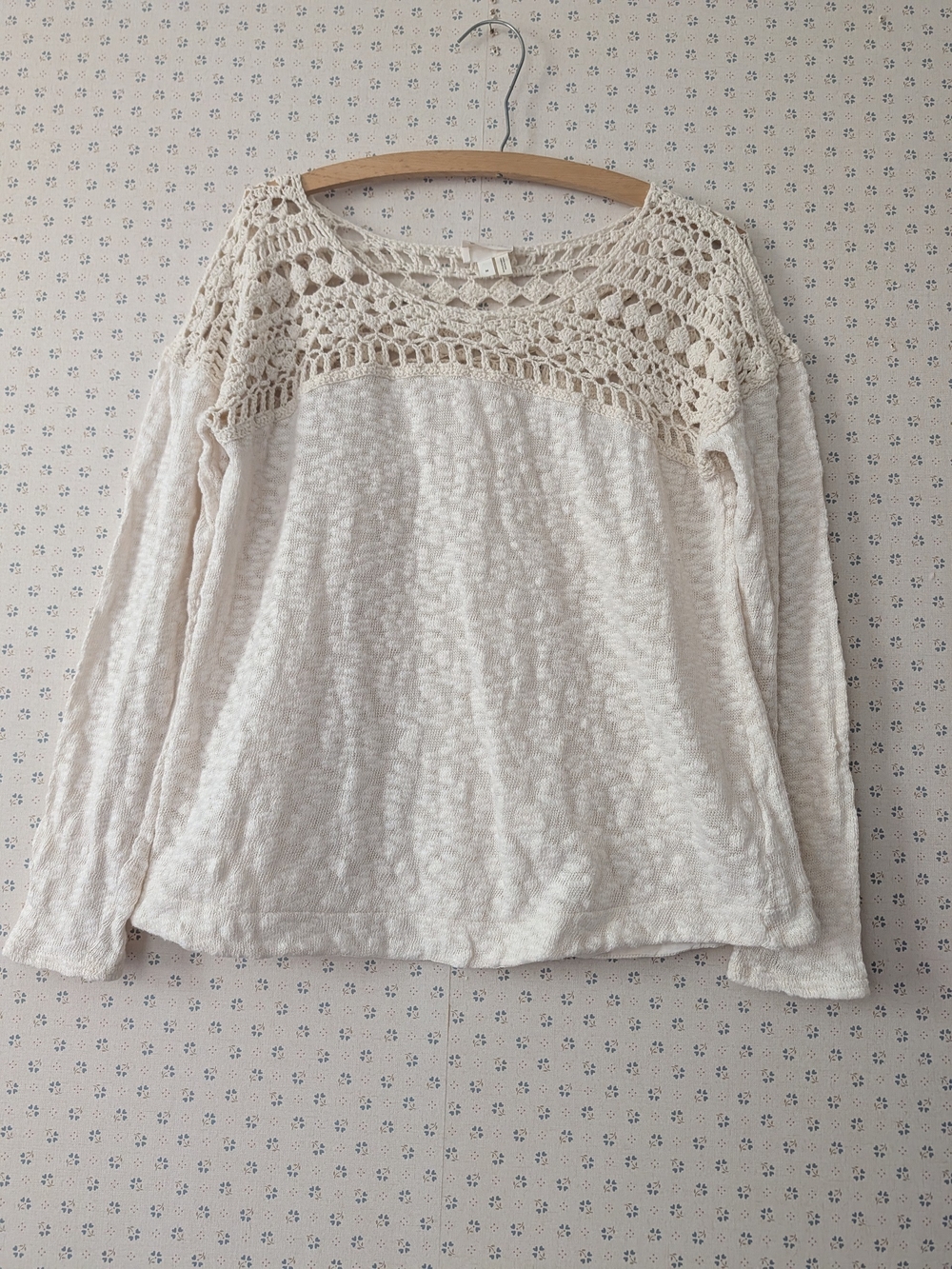 🤍 Meadow Rue M Top Cotton Cream Crochet Yoke Long-Sleeve  Boho Festival Granola